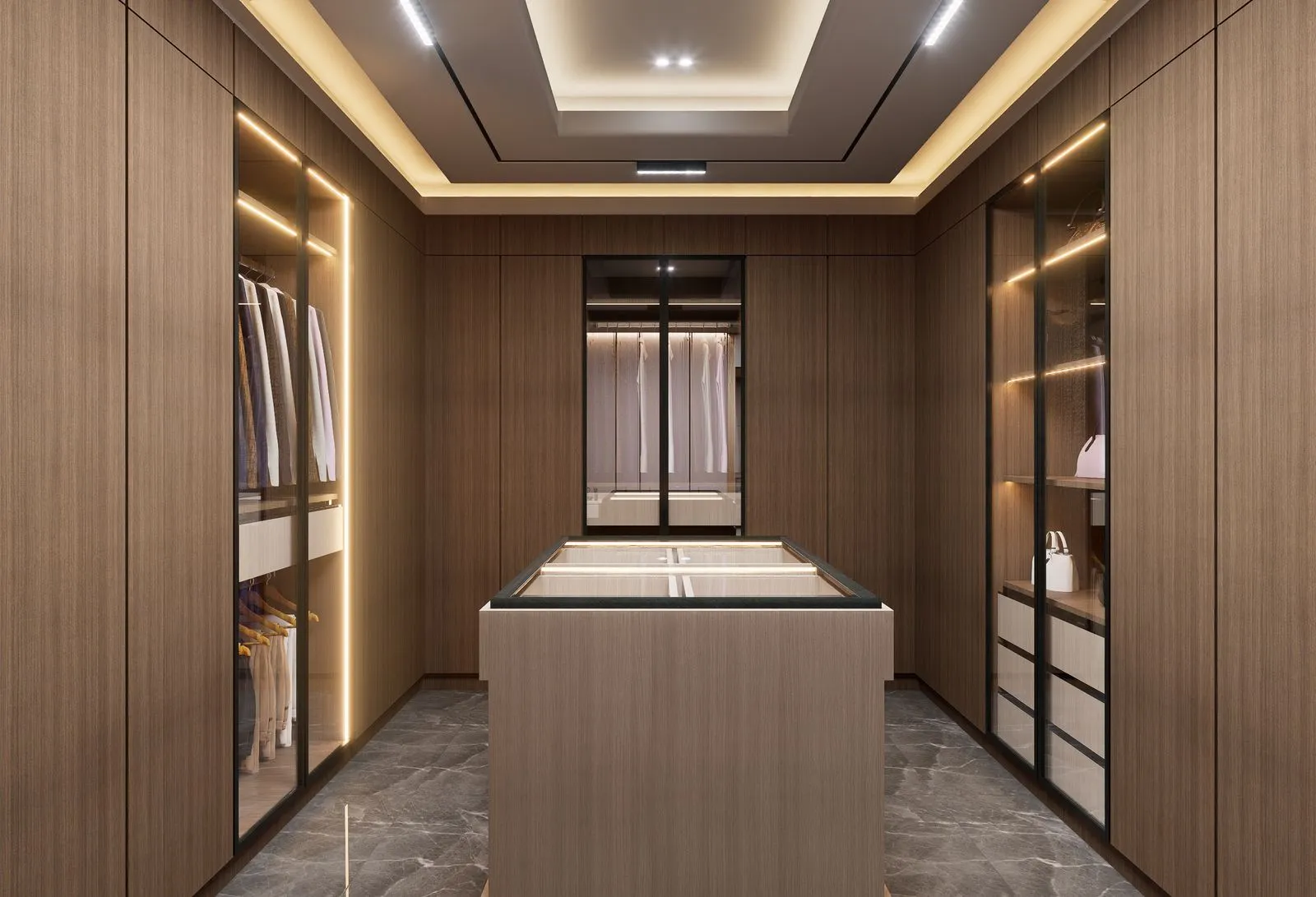 Luxurious walk-in closet with sleek wooden cabinets and stylish lighting.